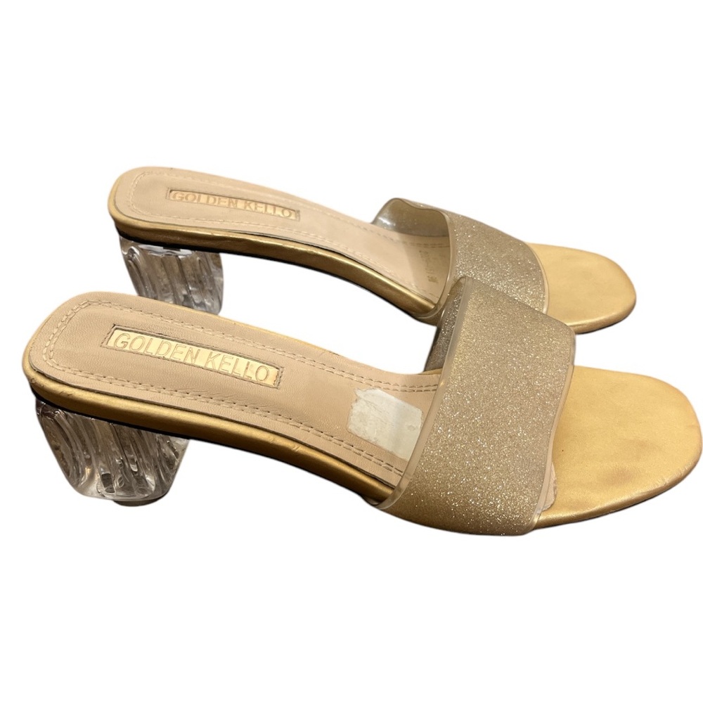GOLDEN KELLO Y2K Party Glittery Open Toe Mules Transparent Clear Block Heel 7.5